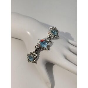 Vintage‎ Signed Coro Silver Tone Enamel Light Blue Leaves Charm 6.5" Bracelet